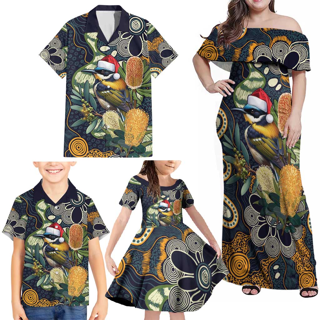 Aussie Honeyeaters Banksia Christmas Family Matching Off Shoulder Maxi Dress and Hawaiian Shirt Aboriginal Dots Painting Blue Motif - Aussie Hoodie