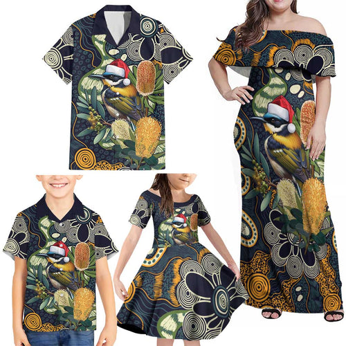 Aussie Honeyeaters Banksia Christmas Family Matching Off Shoulder Maxi Dress and Hawaiian Shirt Aboriginal Dots Painting Blue Motif - Aussie Hoodie