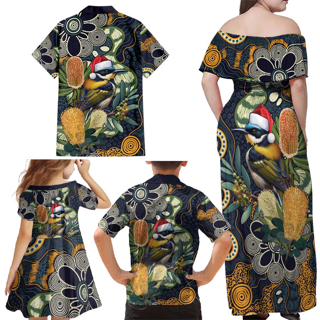 Aussie Honeyeaters Banksia Christmas Family Matching Off Shoulder Maxi Dress and Hawaiian Shirt Aboriginal Dots Painting Blue Motif - Aussie Hoodie