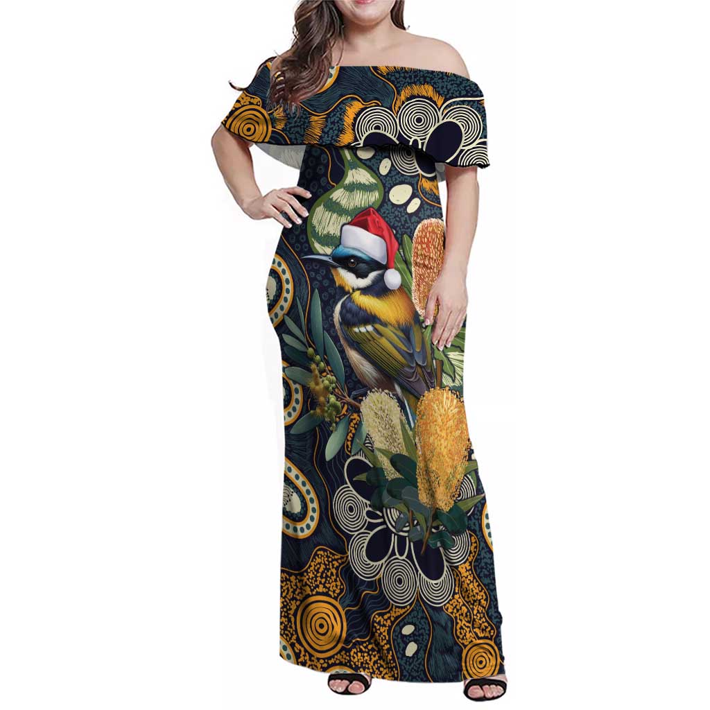 Aussie Honeyeaters Banksia Christmas Family Matching Off Shoulder Maxi Dress and Hawaiian Shirt Aboriginal Dots Painting Blue Motif - Aussie Hoodie