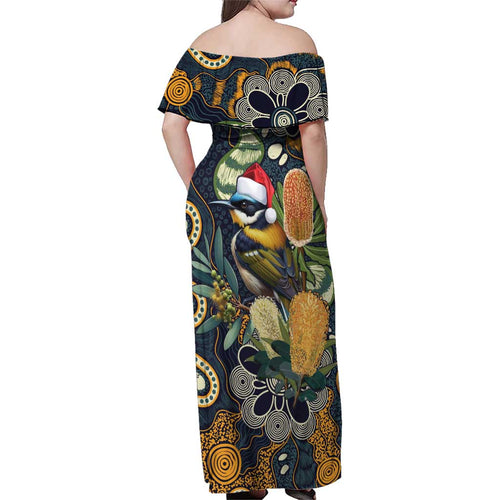 Aussie Honeyeaters Banksia Christmas Family Matching Off Shoulder Maxi Dress and Hawaiian Shirt Aboriginal Dots Painting Blue Motif - Aussie Hoodie