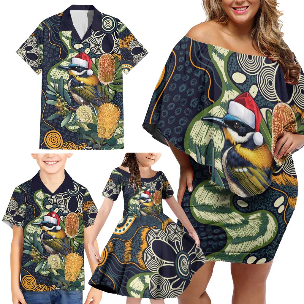 Aussie Honeyeaters Banksia Christmas Family Matching Off Shoulder Short Dress and Hawaiian Shirt Aboriginal Dots Painting Blue Motif - Aussie Hoodie