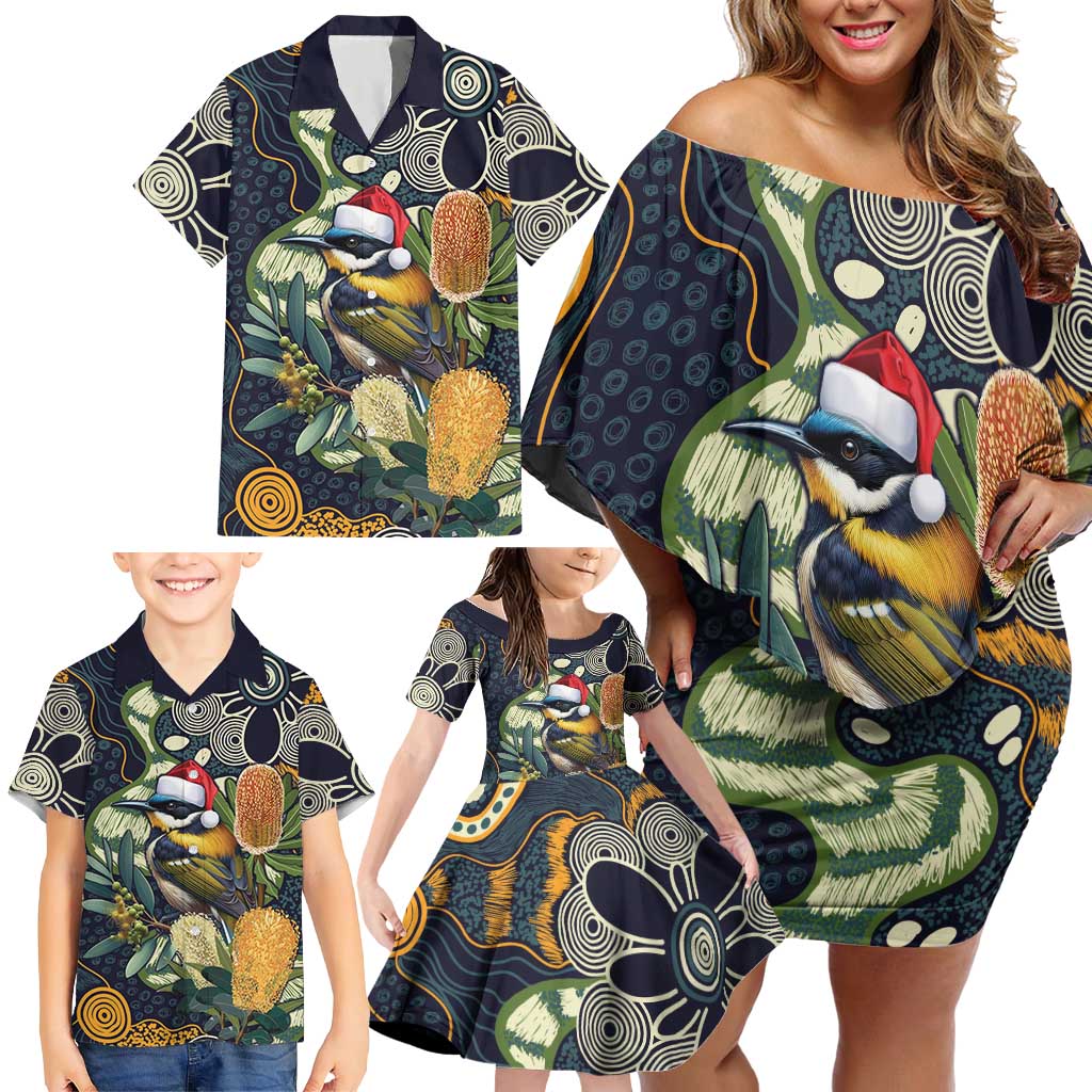 Aussie Honeyeaters Banksia Christmas Family Matching Off Shoulder Short Dress and Hawaiian Shirt Aboriginal Dots Painting Blue Motif - Aussie Hoodie