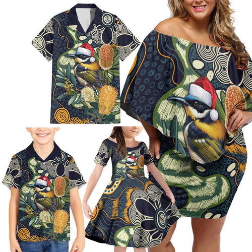 Aussie Honeyeaters Banksia Christmas Family Matching Off Shoulder Short Dress and Hawaiian Shirt Aboriginal Dots Painting Blue Motif - Aussie Hoodie