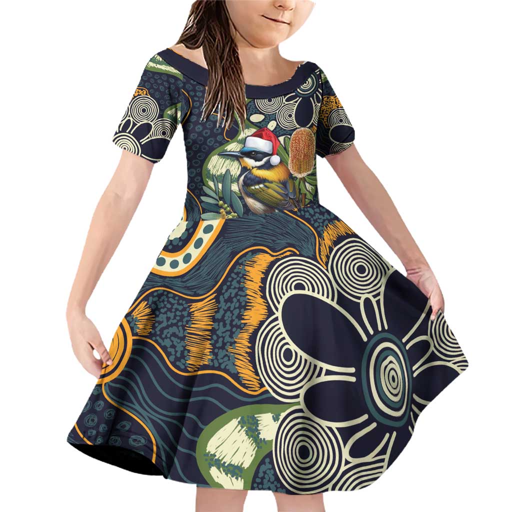 Aussie Honeyeaters Banksia Christmas Family Matching Off Shoulder Short Dress and Hawaiian Shirt Aboriginal Dots Painting Blue Motif - Aussie Hoodie