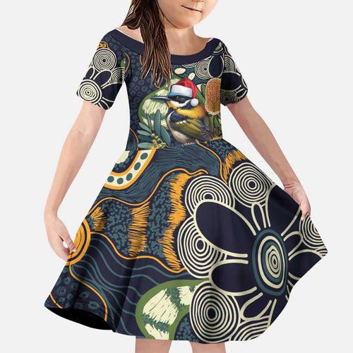 Aussie Honeyeaters Banksia Christmas Family Matching Off Shoulder Short Dress and Hawaiian Shirt Aboriginal Dots Painting Blue Motif - Aussie Hoodie