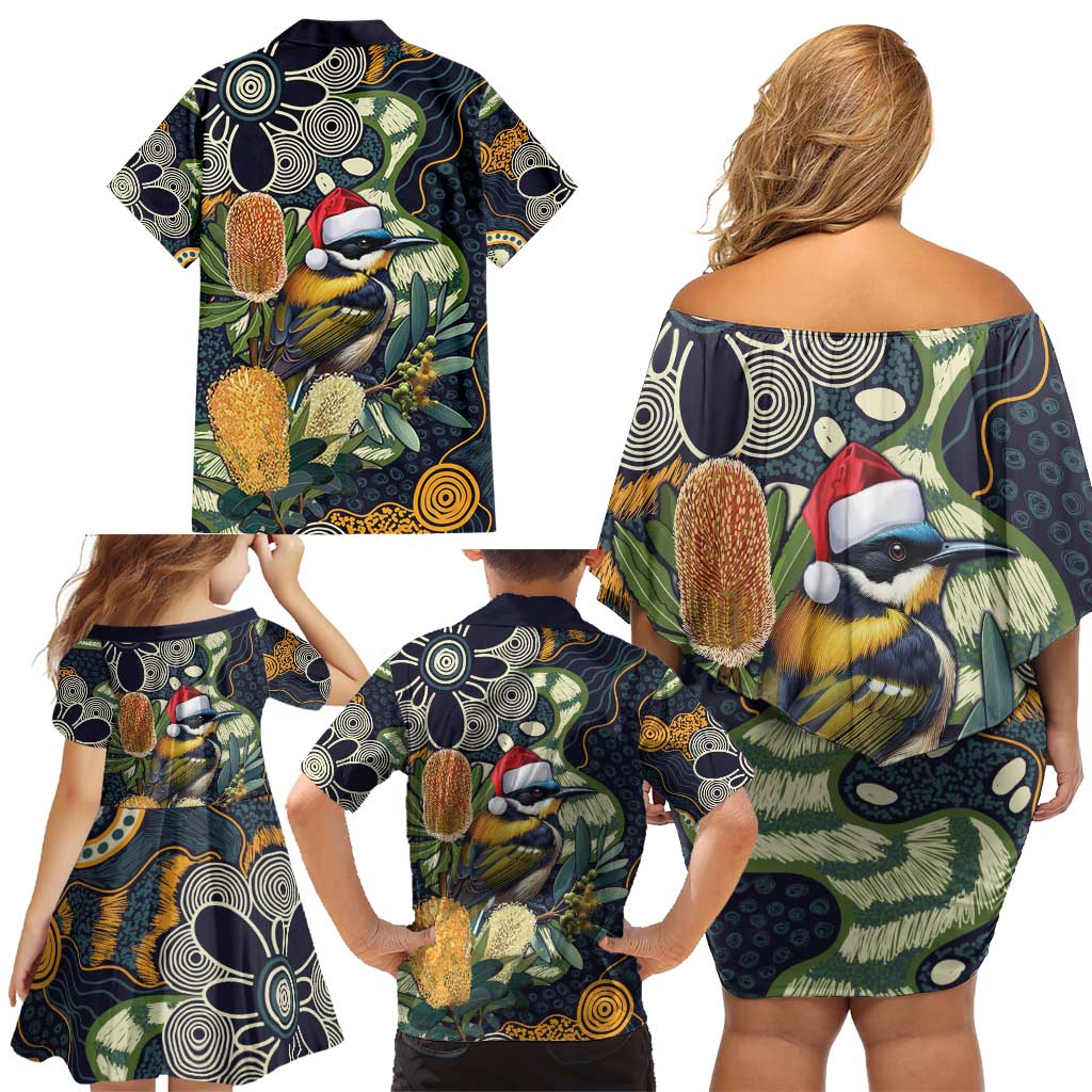 Aussie Honeyeaters Banksia Christmas Family Matching Off Shoulder Short Dress and Hawaiian Shirt Aboriginal Dots Painting Blue Motif - Aussie Hoodie