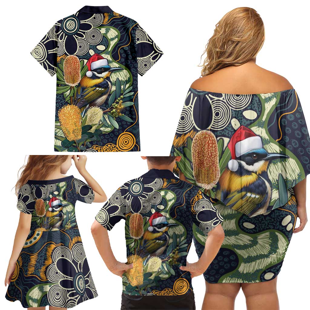 Aussie Honeyeaters Banksia Christmas Family Matching Off Shoulder Short Dress and Hawaiian Shirt Aboriginal Dots Painting Blue Motif - Aussie Hoodie