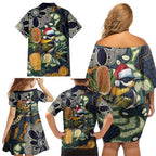 Aussie Honeyeaters Banksia Christmas Family Matching Off Shoulder Short Dress and Hawaiian Shirt Aboriginal Dots Painting Blue Motif - Aussie Hoodie