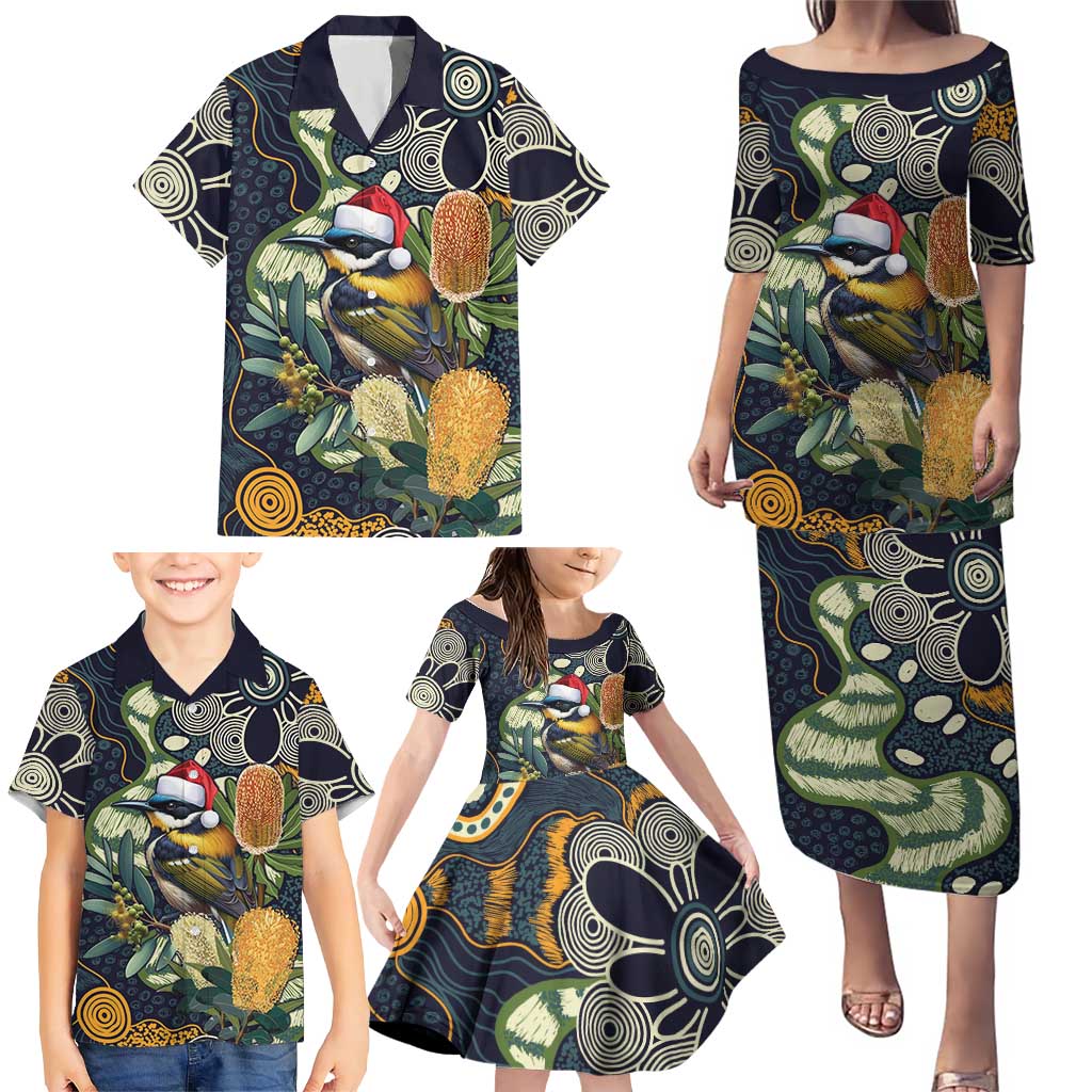 Aussie Honeyeaters Banksia Christmas Family Matching Puletasi and Hawaiian Shirt Aboriginal Dots Painting Blue Motif - Aussie Hoodie