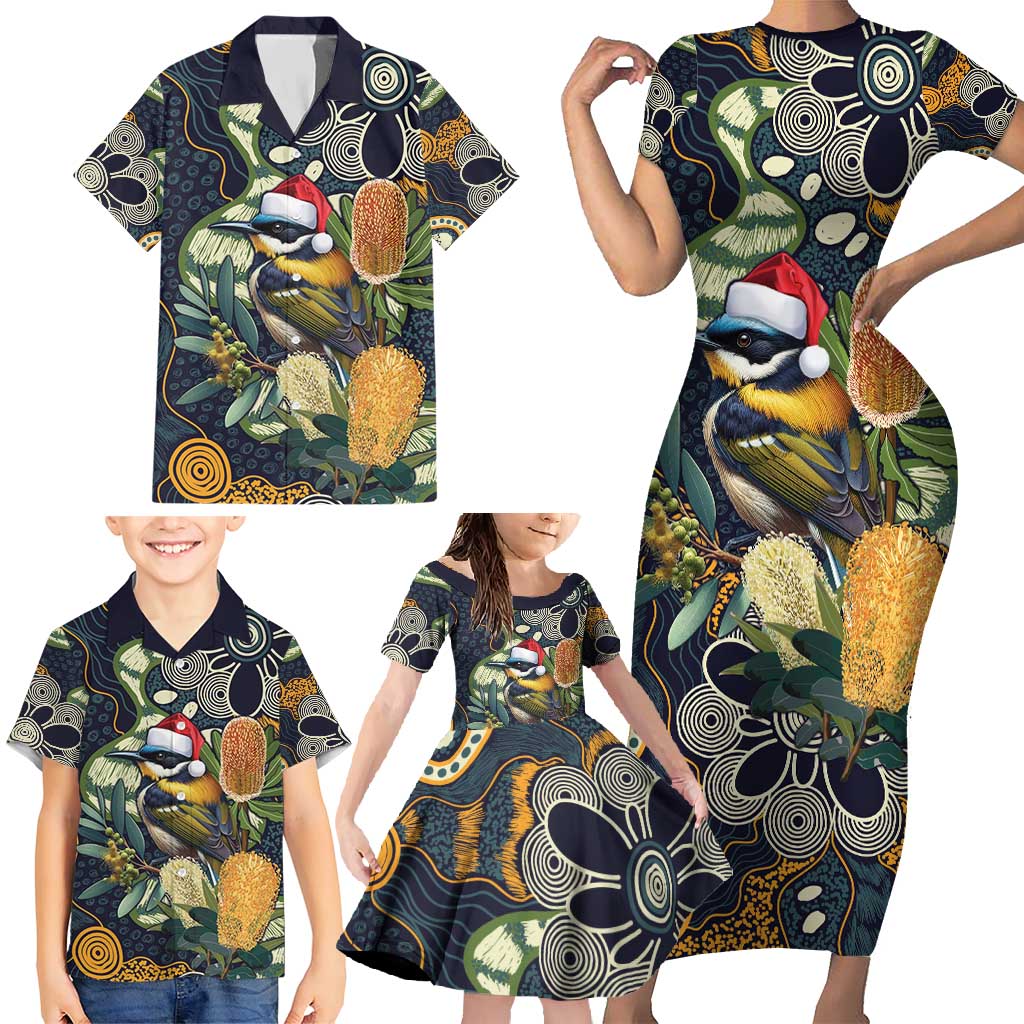 Aussie Honeyeaters Banksia Christmas Family Matching Short Sleeve Bodycon Dress and Hawaiian Shirt Aboriginal Dots Painting Blue Motif - Aussie Hoodie