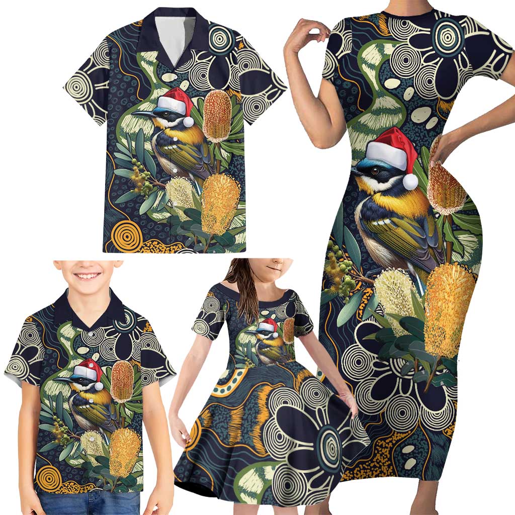 Aussie Honeyeaters Banksia Christmas Family Matching Short Sleeve Bodycon Dress and Hawaiian Shirt Aboriginal Dots Painting Blue Motif - Aussie Hoodie