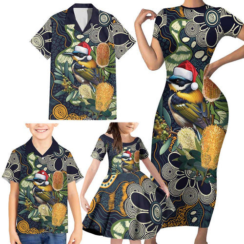 Aussie Honeyeaters Banksia Christmas Family Matching Short Sleeve Bodycon Dress and Hawaiian Shirt Aboriginal Dots Painting Blue Motif - Aussie Hoodie