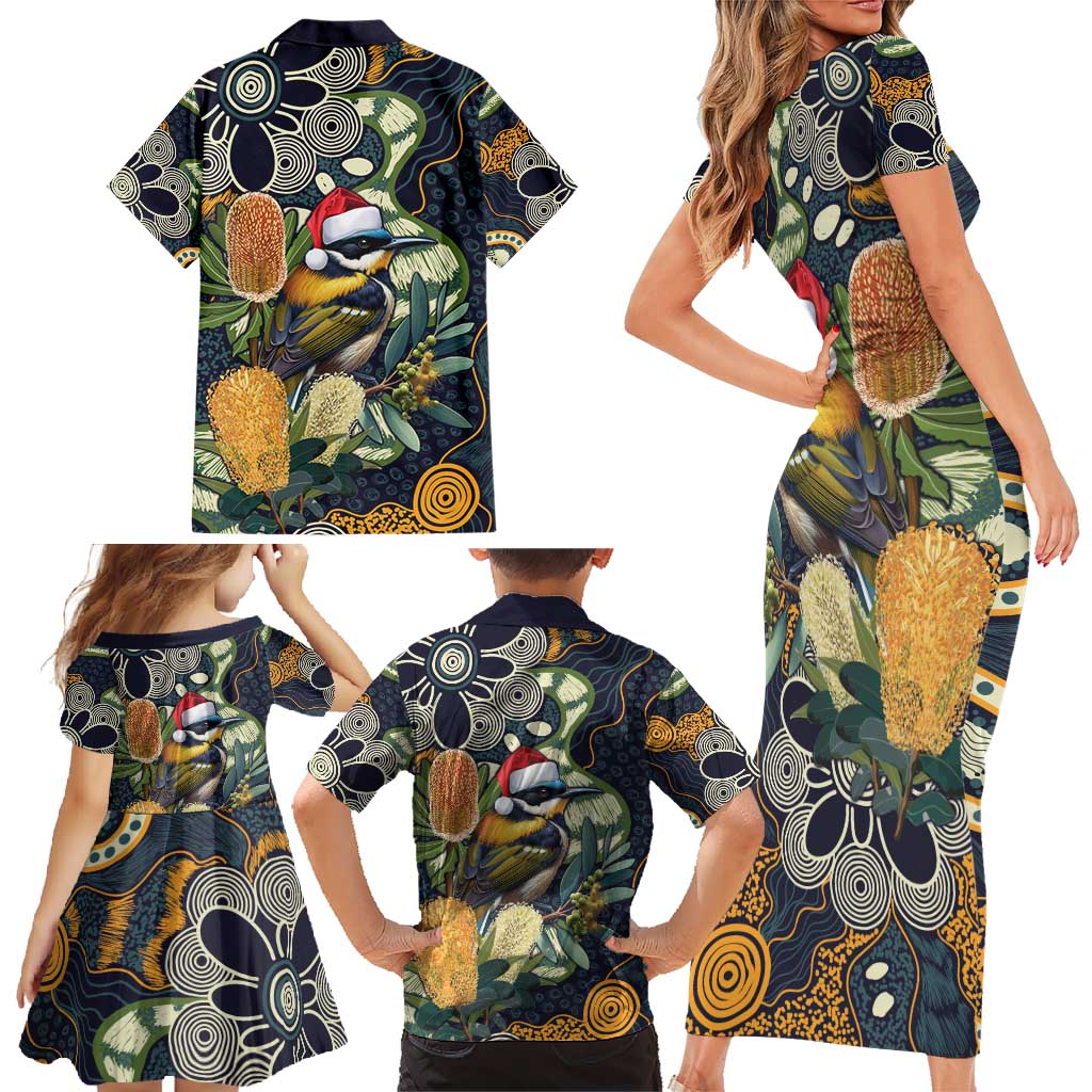 Aussie Honeyeaters Banksia Christmas Family Matching Short Sleeve Bodycon Dress and Hawaiian Shirt Aboriginal Dots Painting Blue Motif - Aussie Hoodie