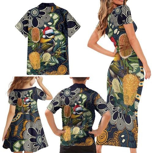 Aussie Honeyeaters Banksia Christmas Family Matching Short Sleeve Bodycon Dress and Hawaiian Shirt Aboriginal Dots Painting Blue Motif - Aussie Hoodie
