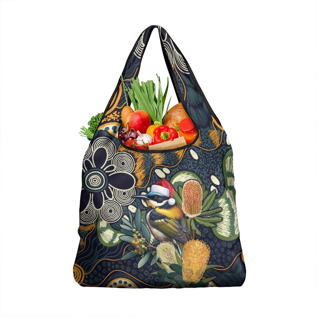 Aussie Honeyeaters Banksia Christmas Grocery Bag Aboriginal Dots Painting Blue Motif - Aussie Hoodie