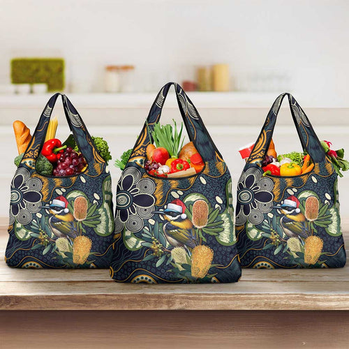 Aussie Honeyeaters Banksia Christmas Grocery Bag Aboriginal Dots Painting Blue Motif - Aussie Hoodie