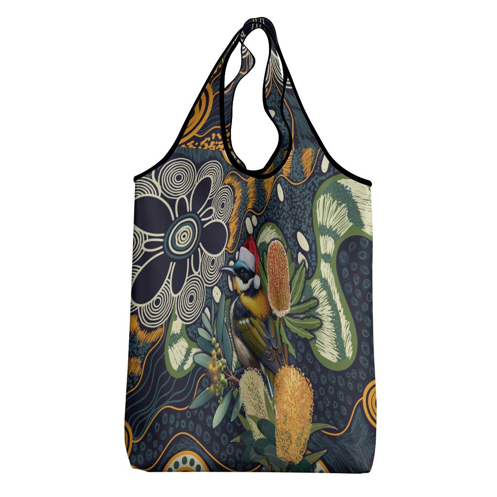 Aussie Honeyeaters Banksia Christmas Grocery Bag Aboriginal Dots Painting Blue Motif - Aussie Hoodie