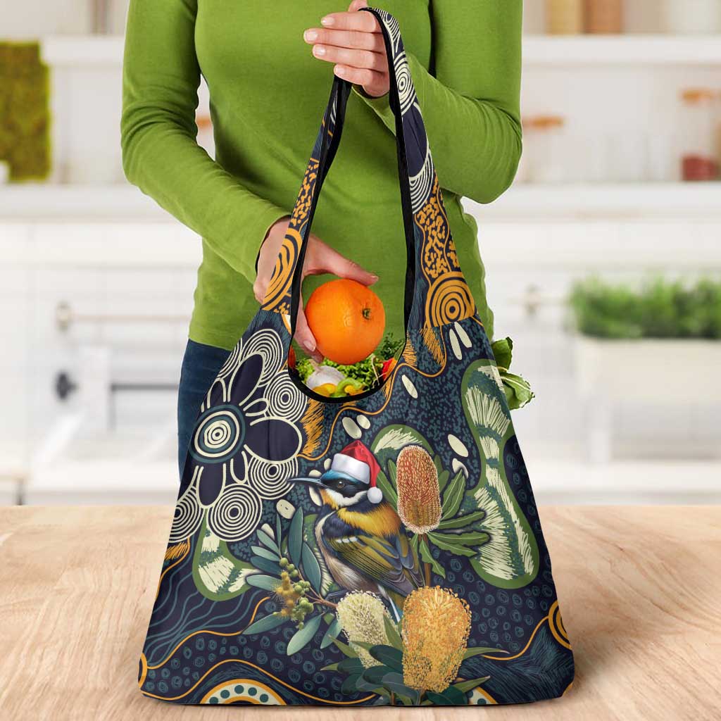 Aussie Honeyeaters Banksia Christmas Grocery Bag Aboriginal Dots Painting Blue Motif - Aussie Hoodie