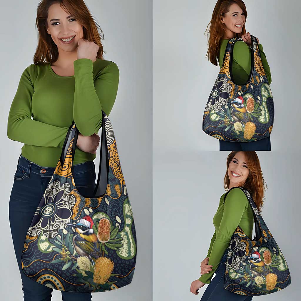 Aussie Honeyeaters Banksia Christmas Grocery Bag Aboriginal Dots Painting Blue Motif - Aussie Hoodie
