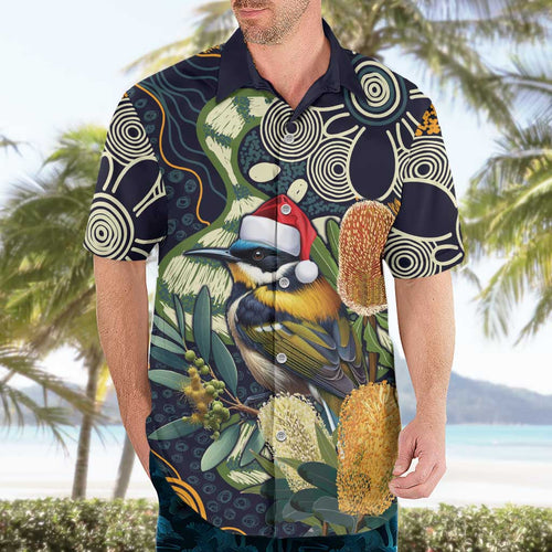 Aussie Honeyeaters Banksia Christmas Hawaiian Shirt Aboriginal Dots Painting Blue Motif - Aussie Hoodie