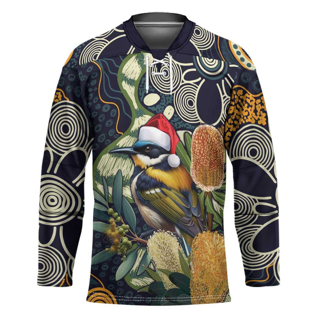 Aussie Honeyeaters Banksia Christmas Hockey Jersey Aboriginal Dots Painting Blue Motif - Aussie Hoodie