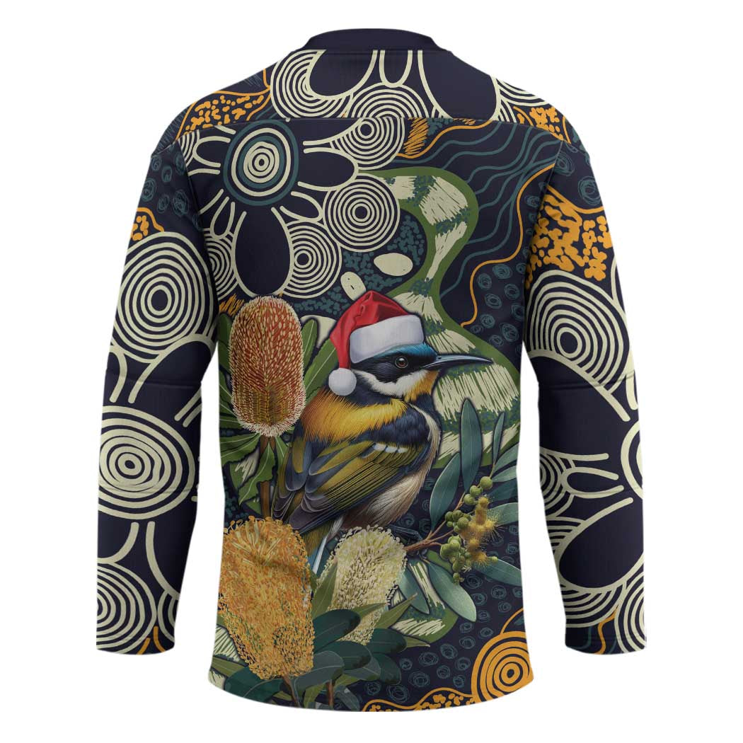 Aussie Honeyeaters Banksia Christmas Hockey Jersey Aboriginal Dots Painting Blue Motif - Aussie Hoodie