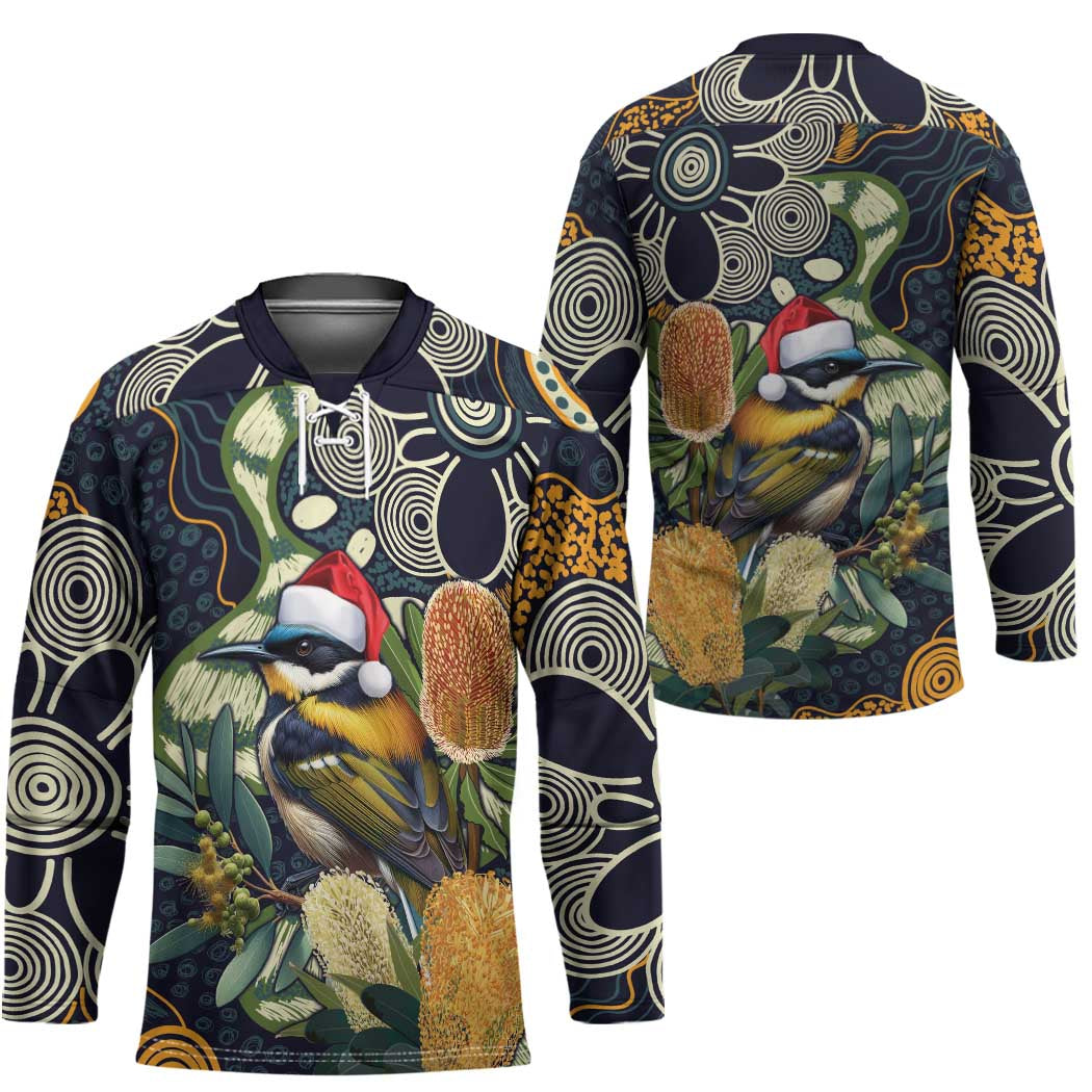 Aussie Honeyeaters Banksia Christmas Hockey Jersey Aboriginal Dots Painting Blue Motif - Aussie Hoodie