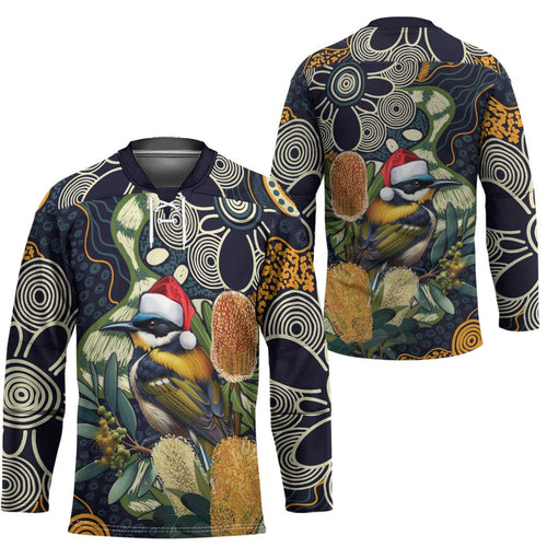 Aussie Honeyeaters Banksia Christmas Hockey Jersey Aboriginal Dots Painting Blue Motif - Aussie Hoodie