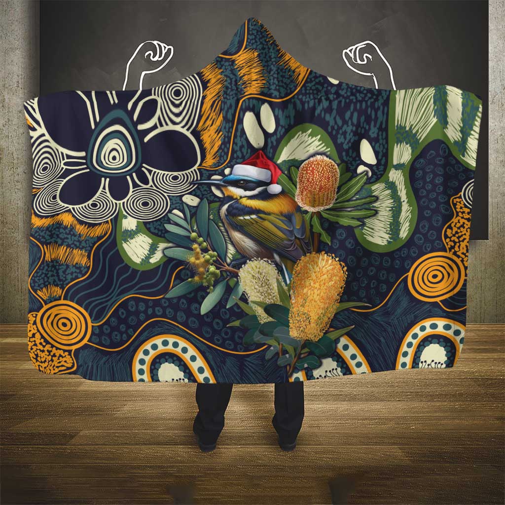 Aussie Honeyeaters Banksia Christmas Hooded Blanket Aboriginal Dots Painting Blue Motif - Aussie Hoodie