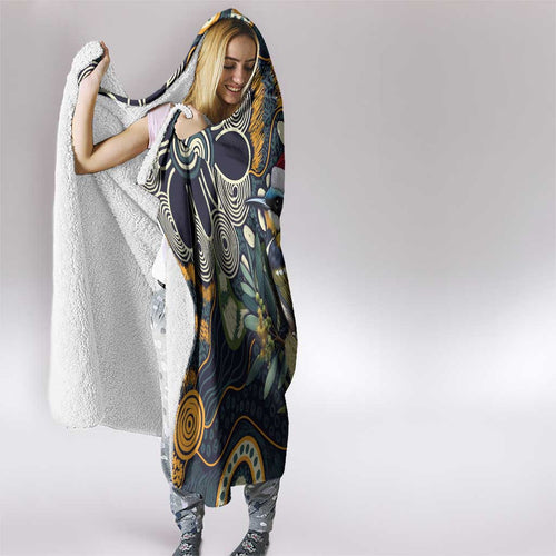 Aussie Honeyeaters Banksia Christmas Hooded Blanket Aboriginal Dots Painting Blue Motif - Aussie Hoodie