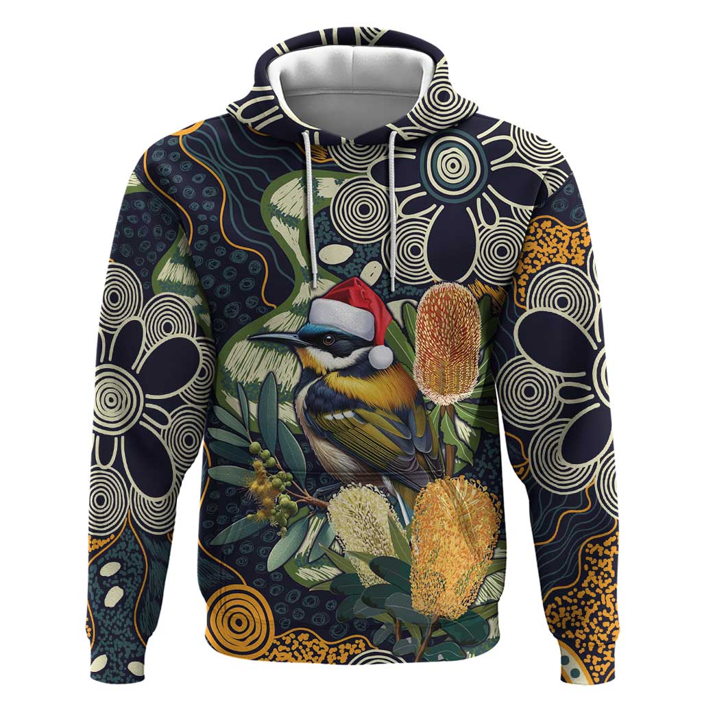 Aussie Honeyeaters Banksia Christmas Hoodie Aboriginal Dots Painting Blue Motif - Aussie Hoodie