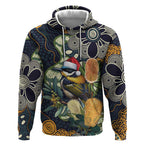 Aussie Honeyeaters Banksia Christmas Hoodie Aboriginal Dots Painting Blue Motif - Aussie Hoodie
