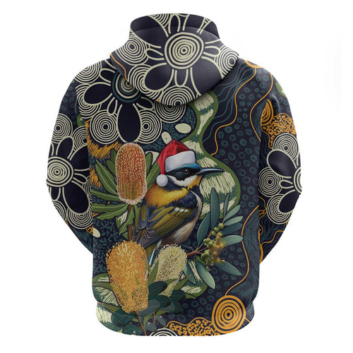 Aussie Honeyeaters Banksia Christmas Hoodie Aboriginal Dots Painting Blue Motif - Aussie Hoodie