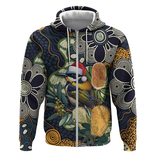 Aussie Honeyeaters Banksia Christmas Hoodie Aboriginal Dots Painting Blue Motif - Aussie Hoodie