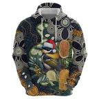 Aussie Honeyeaters Banksia Christmas Hoodie Aboriginal Dots Painting Blue Motif - Aussie Hoodie