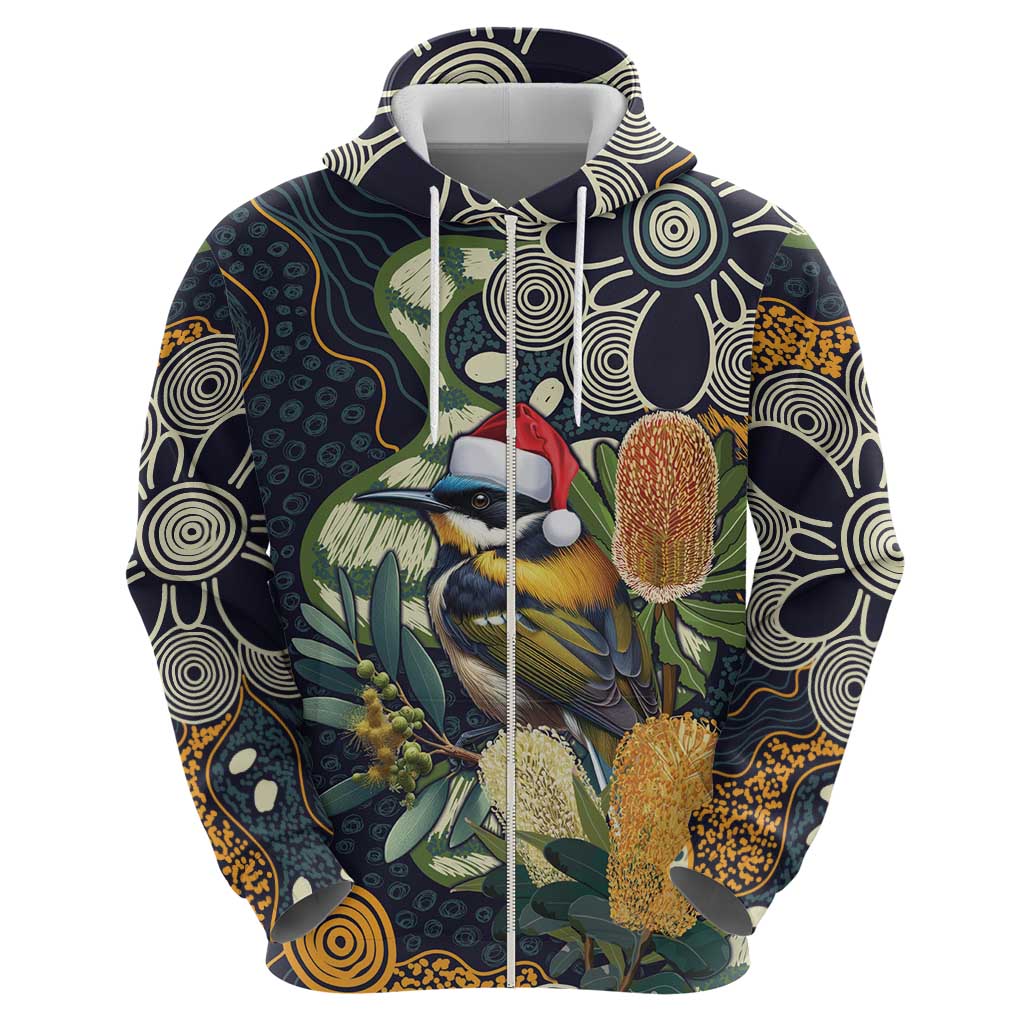 Aussie Honeyeaters Banksia Christmas Hoodie Aboriginal Dots Painting Blue Motif - Aussie Hoodie