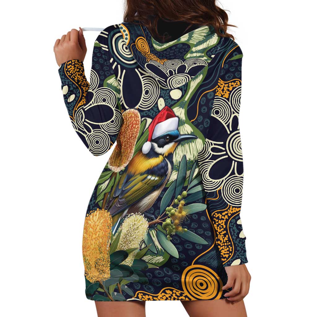 Aussie Honeyeaters Banksia Christmas Hoodie Dress Aboriginal Dots Painting Blue Motif - Aussie Hoodie