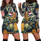 Aussie Honeyeaters Banksia Christmas Hoodie Dress Aboriginal Dots Painting Blue Motif - Aussie Hoodie