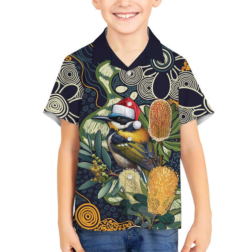Aussie Honeyeaters Banksia Christmas Kid Hawaiian Shirt Aboriginal Dots Painting Blue Motif - Aussie Hoodie