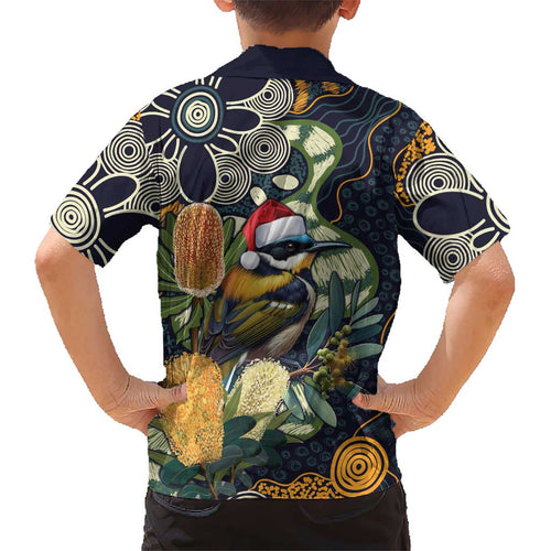 Aussie Honeyeaters Banksia Christmas Kid Hawaiian Shirt Aboriginal Dots Painting Blue Motif - Aussie Hoodie