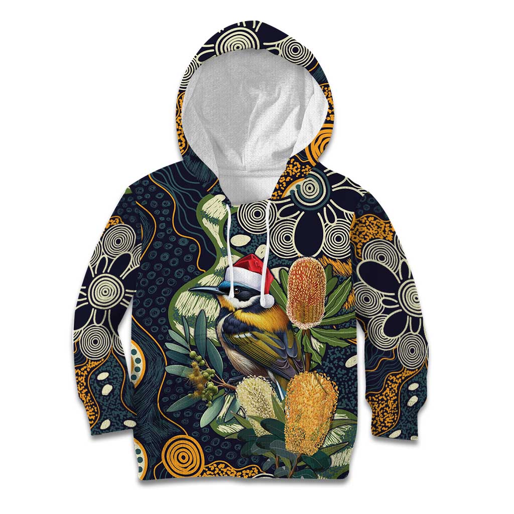 Aussie Honeyeaters Banksia Christmas Kid Hoodie Aboriginal Dots Painting Blue Motif - Aussie Hoodie