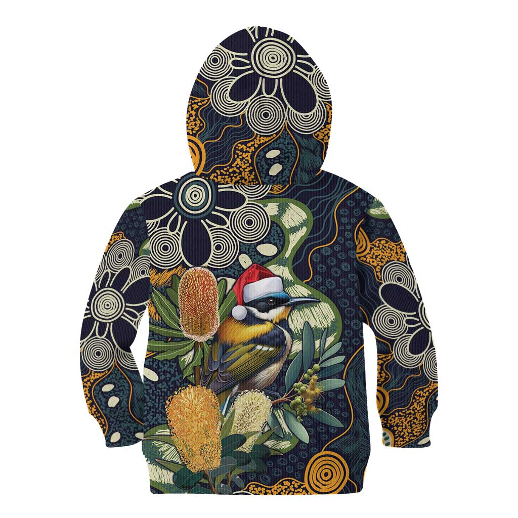 Aussie Honeyeaters Banksia Christmas Kid Hoodie Aboriginal Dots Painting Blue Motif - Aussie Hoodie