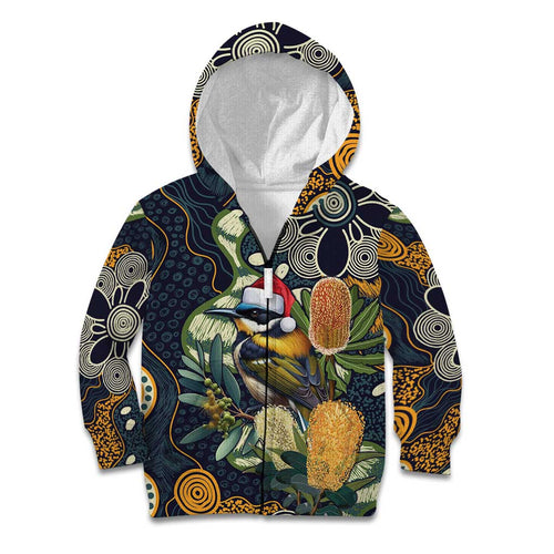 Aussie Honeyeaters Banksia Christmas Kid Hoodie Aboriginal Dots Painting Blue Motif - Aussie Hoodie