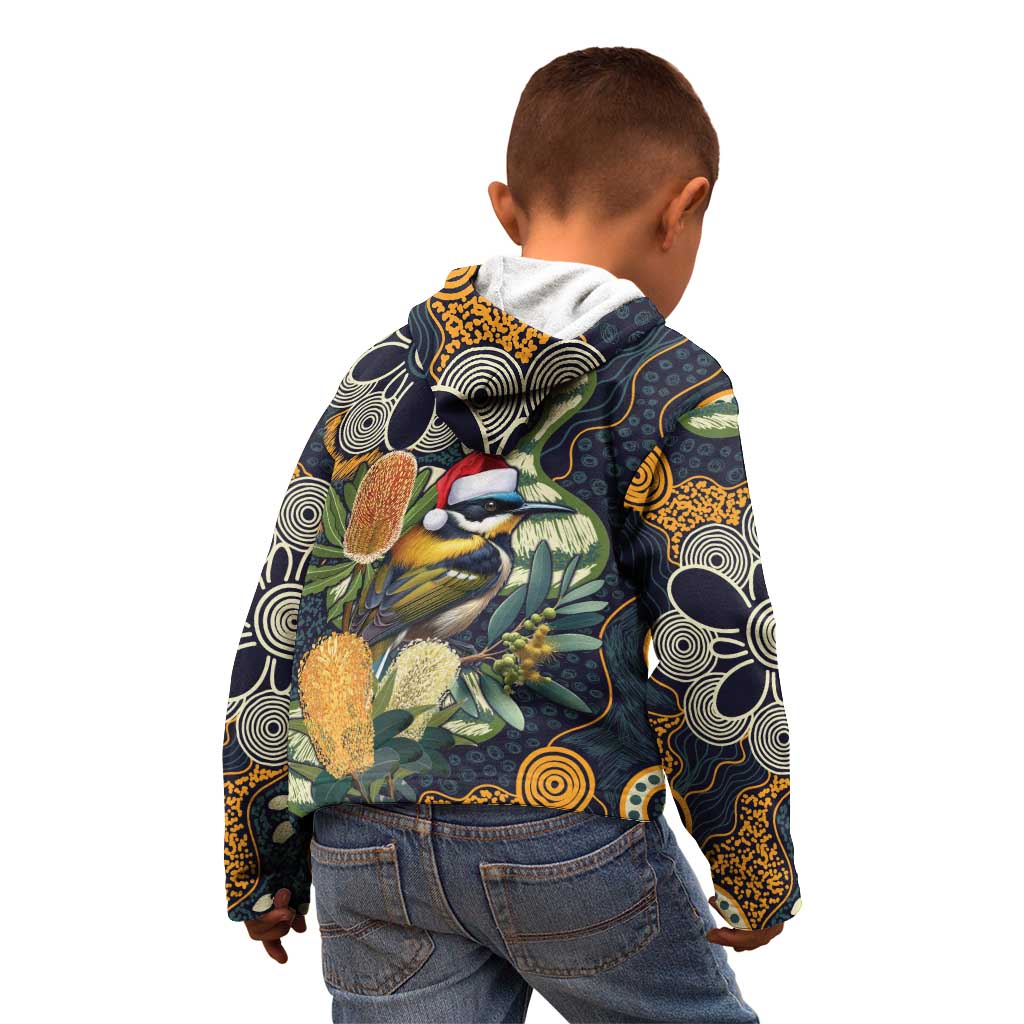 Aussie Honeyeaters Banksia Christmas Kid Hoodie Aboriginal Dots Painting Blue Motif - Aussie Hoodie