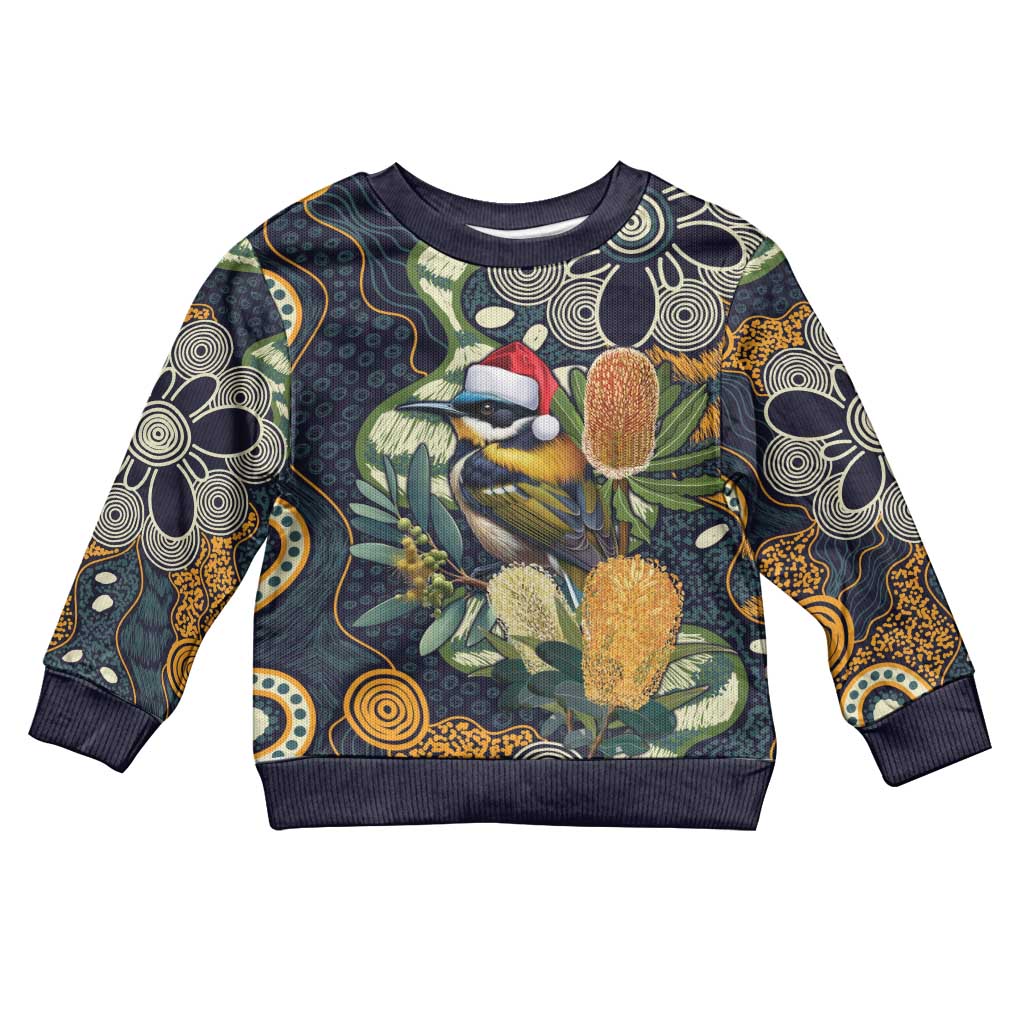 Aussie Honeyeaters Banksia Christmas Kid Ugly Christmas Sweater Aboriginal Dots Painting Blue Motif - Aussie Hoodie