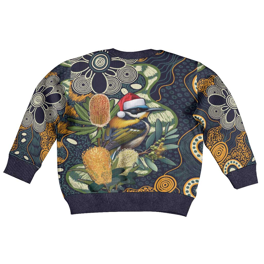 Aussie Honeyeaters Banksia Christmas Kid Ugly Christmas Sweater Aboriginal Dots Painting Blue Motif - Aussie Hoodie