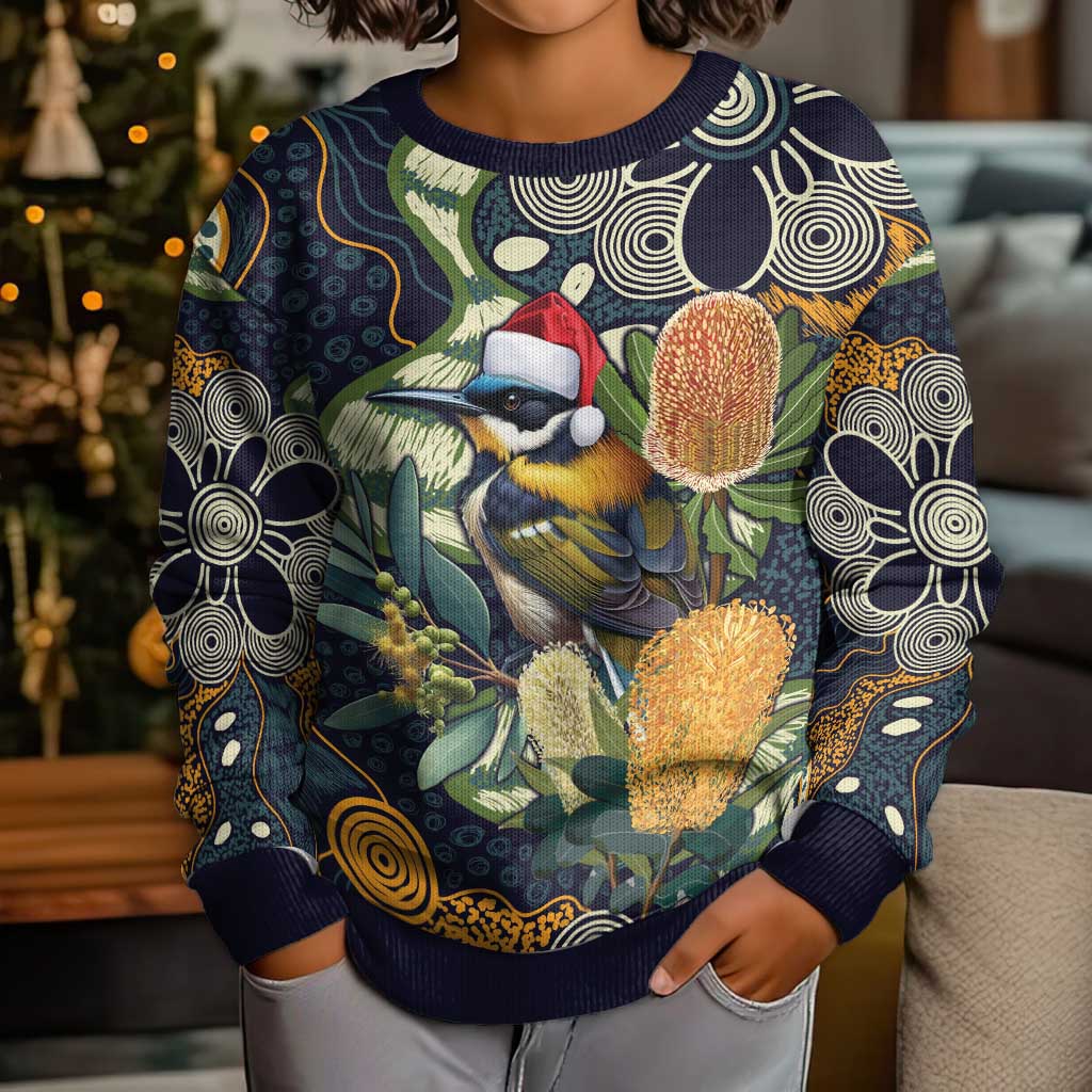 Aussie Honeyeaters Banksia Christmas Kid Ugly Christmas Sweater Aboriginal Dots Painting Blue Motif - Aussie Hoodie