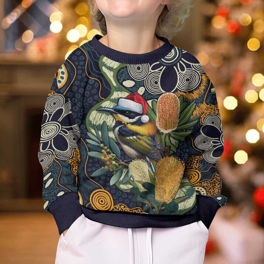 Aussie Honeyeaters Banksia Christmas Kid Ugly Christmas Sweater Aboriginal Dots Painting Blue Motif - Aussie Hoodie