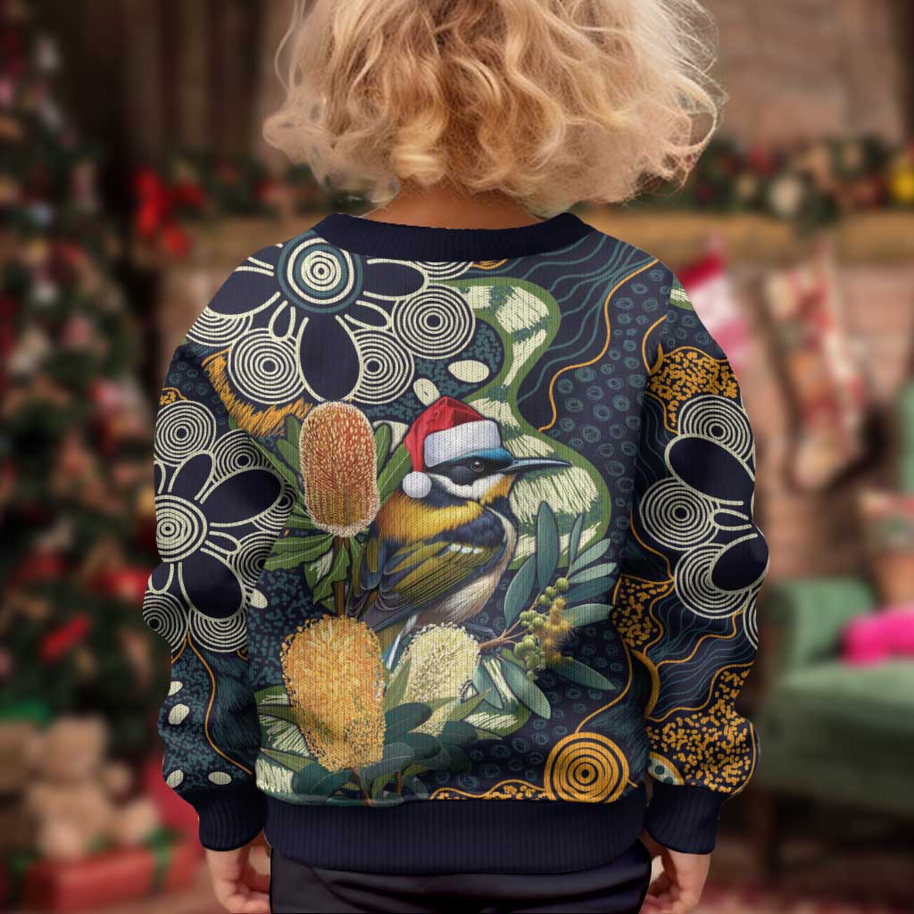 Aussie Honeyeaters Banksia Christmas Kid Ugly Christmas Sweater Aboriginal Dots Painting Blue Motif - Aussie Hoodie